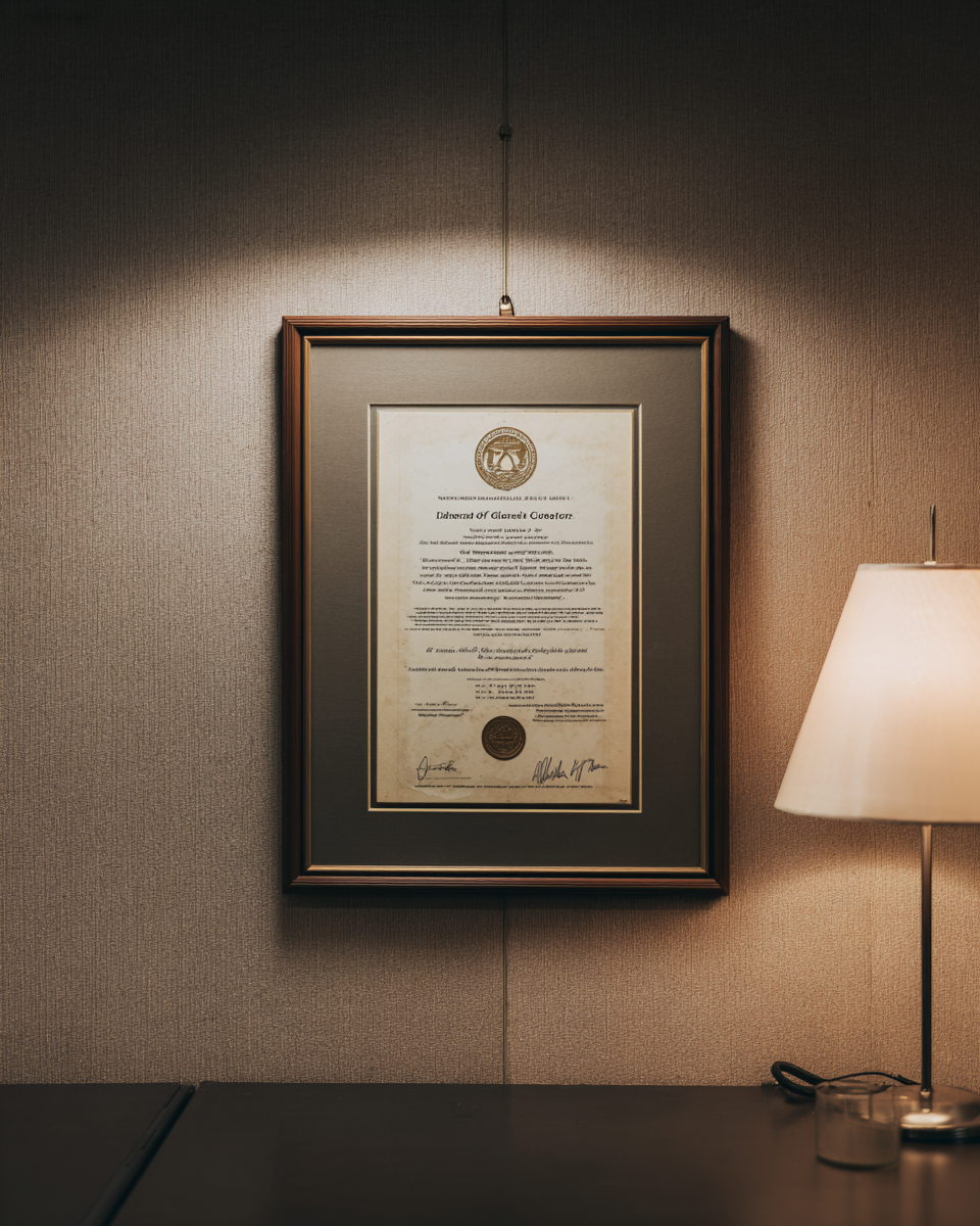 Framed certificate with a gold seal and signatures mounted on a dimly lit wall beside a glowing desk lamp