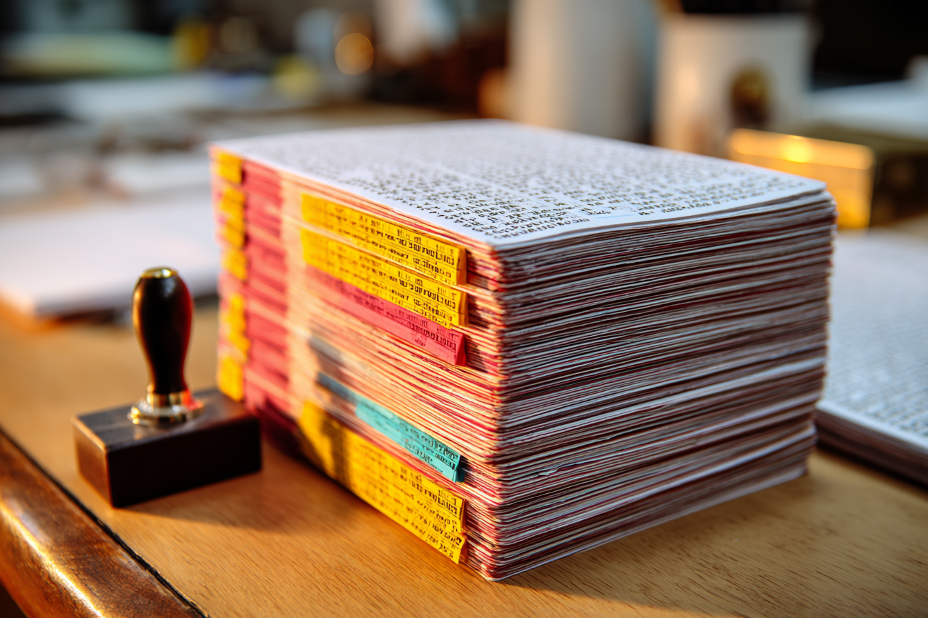 Thick stack of densely printed compliance documents with colored section tabs on a wooden desk beside a rubber stamp