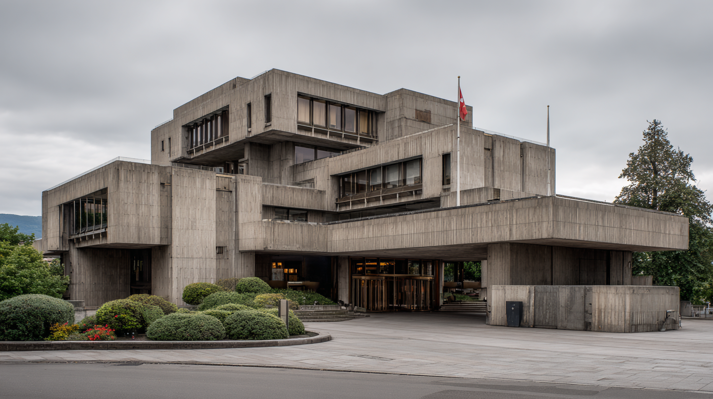 Brutalist concrete government building under overcast skies, with a flag on the roof and shrubs flanking a covered entrance