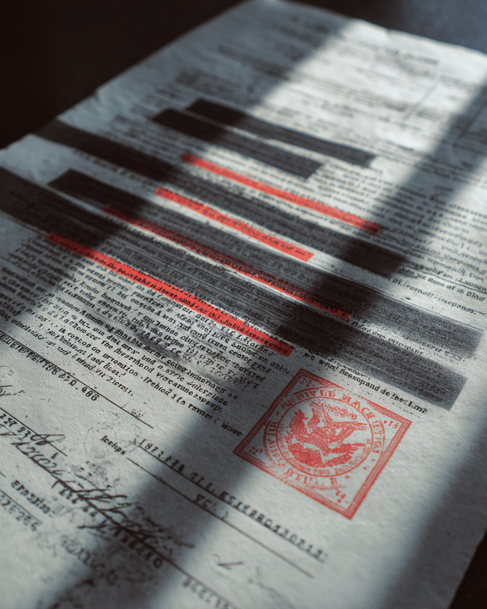 Heavily redacted official document with black and red censor bars, a red institutional stamp, and a signature at the bottom